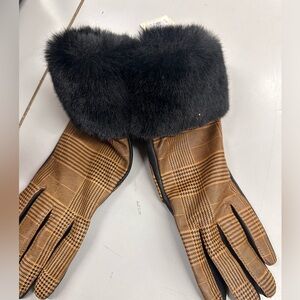 Fownes Bros Brown Plaid Leather Women's Gloves with Black Fur Trim